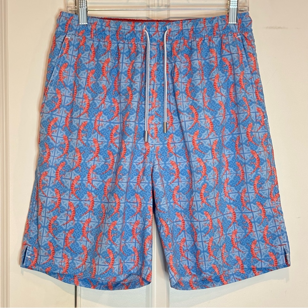 Peter Millar Seaside Collection Blue Red Lizard Swim Trunks M